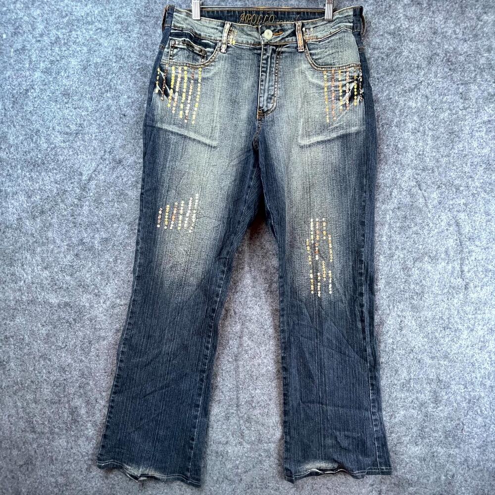 Apollo Jeans Women 15/16 Blue Denim Stretch Sequin High Rise Bootcut Leg Y2K‎